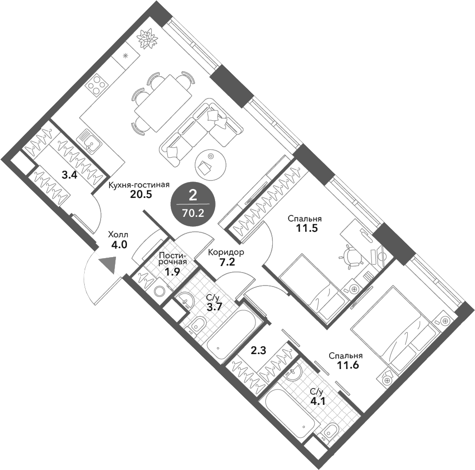 Планировка — Voxhall, 3-комн., 70 м²