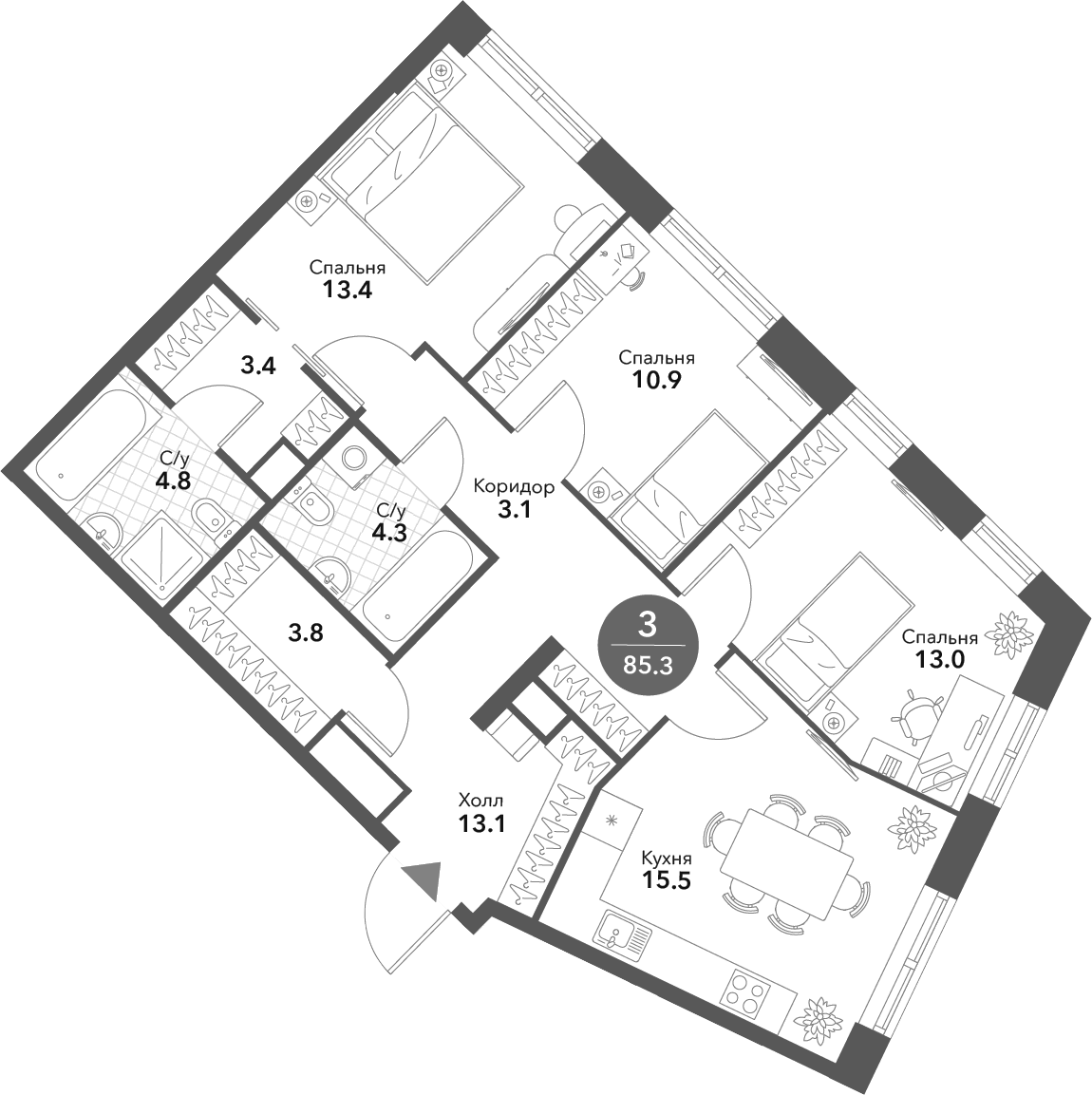 Планировка — Voxhall, 4-комн., 85 м²