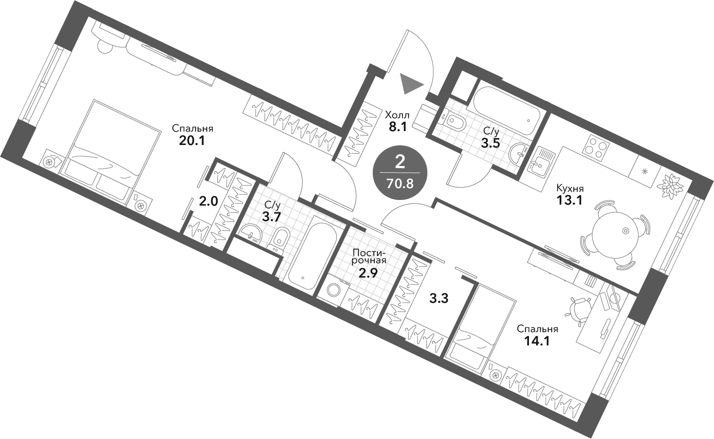 Планировка — Voxhall, 2-комн., 71 м²