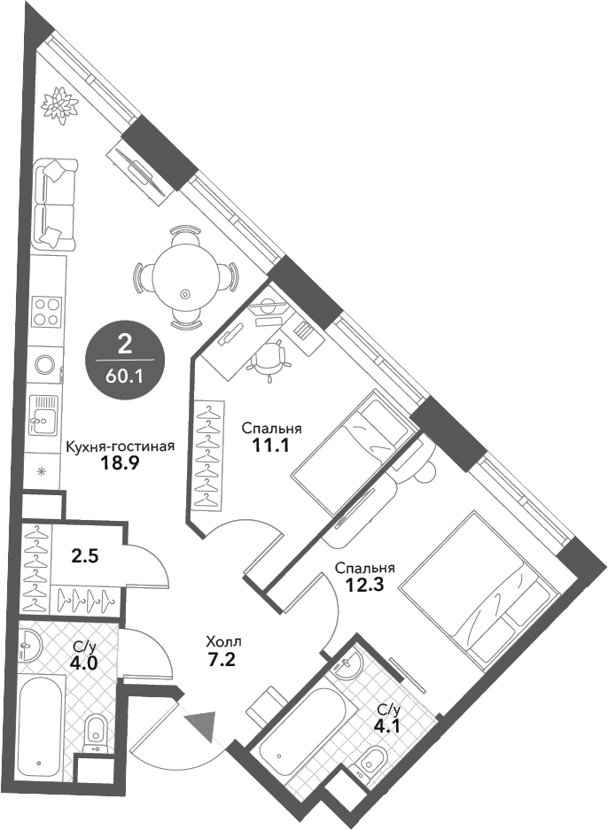 Планировка — Voxhall, 3-комн., 60 м²