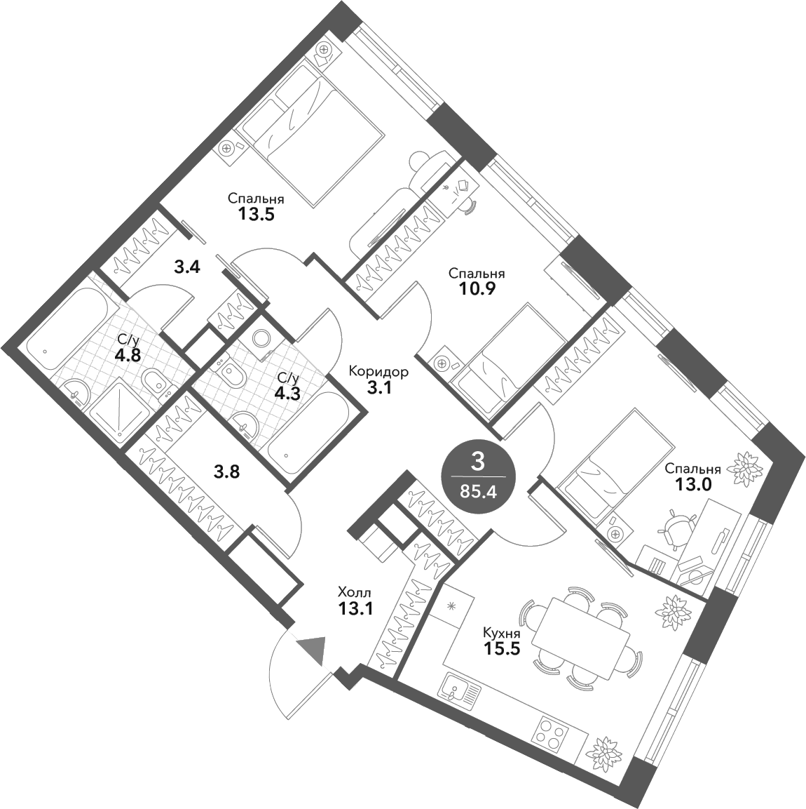 Планировка — Voxhall, 4-комн., 85 м²