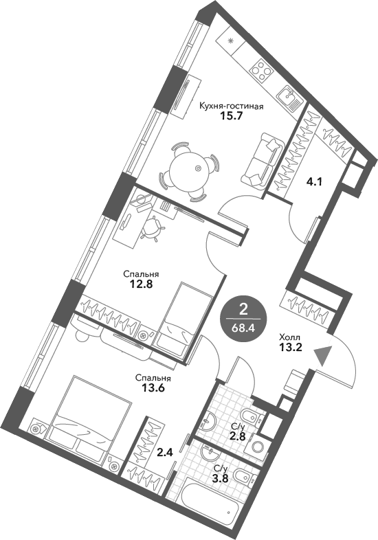 Планировка — Voxhall, 3-комн., 68 м²