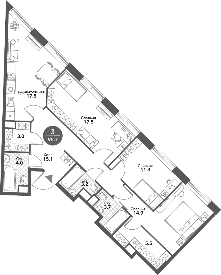 Планировка — Voxhall, 4-комн., 96 м²