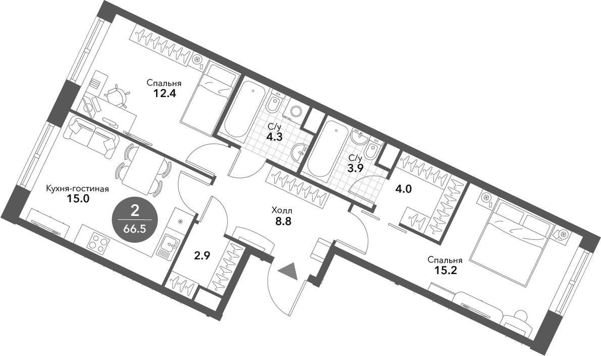 Планировка — Voxhall, 3-комн., 67 м²