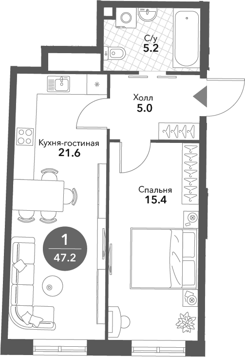 Планировка — Voxhall, 2-комн., 47 м²