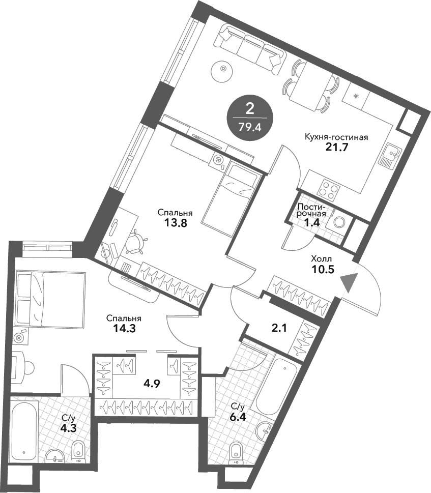 Планировка — Voxhall, 3-комн., 79 м²