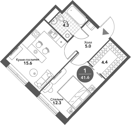 Планировка — Voxhall, 2-комн., 42 м²