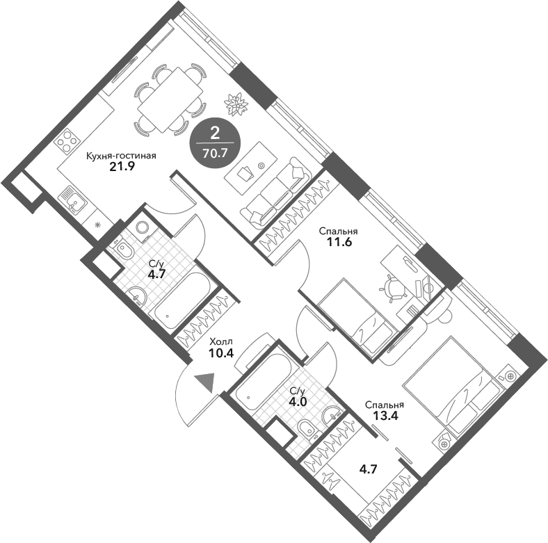 Планировка — Voxhall, 3-комн., 71 м²