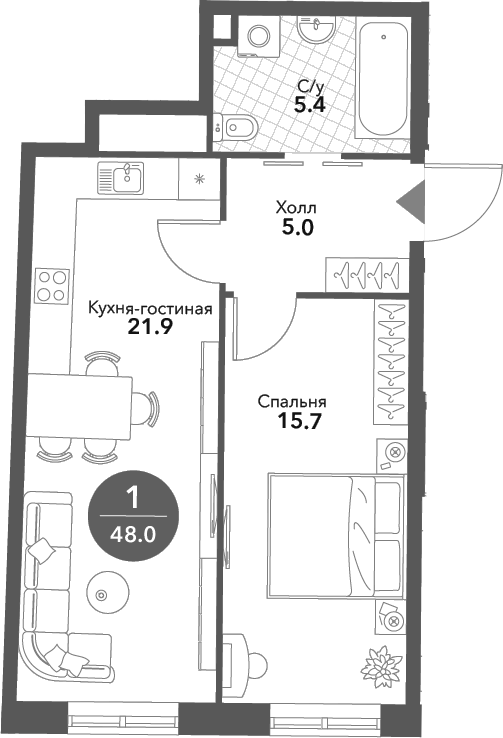 Планировка — Voxhall, 2-комн., 48 м²