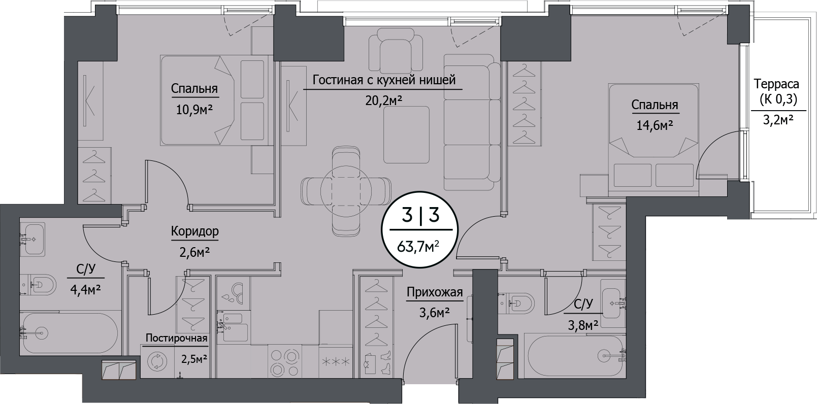 Планировка — hide, 3-комн., 63 м²