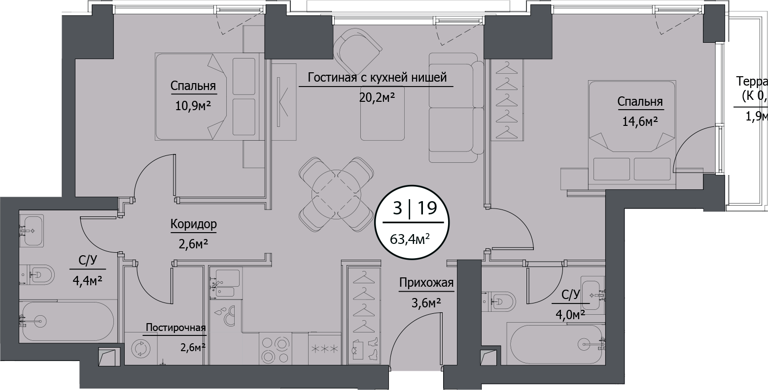 Планировка — hide, 3-комн., 63 м²