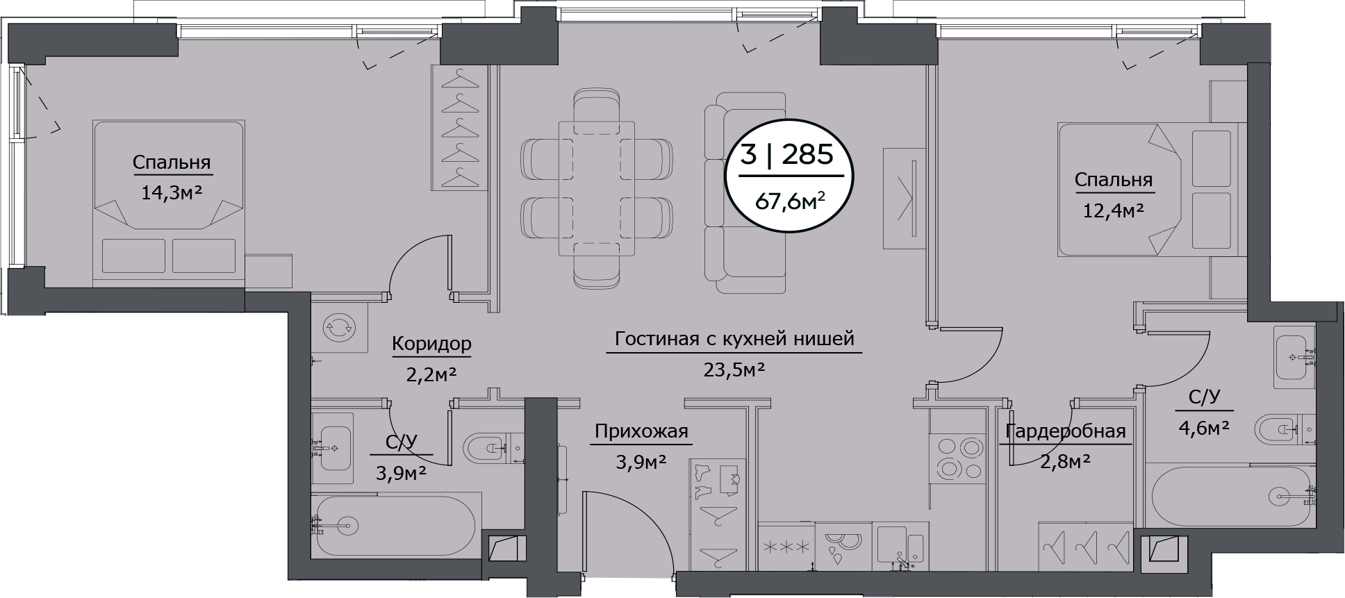 Планировка — hide, 3-комн., 68 м²