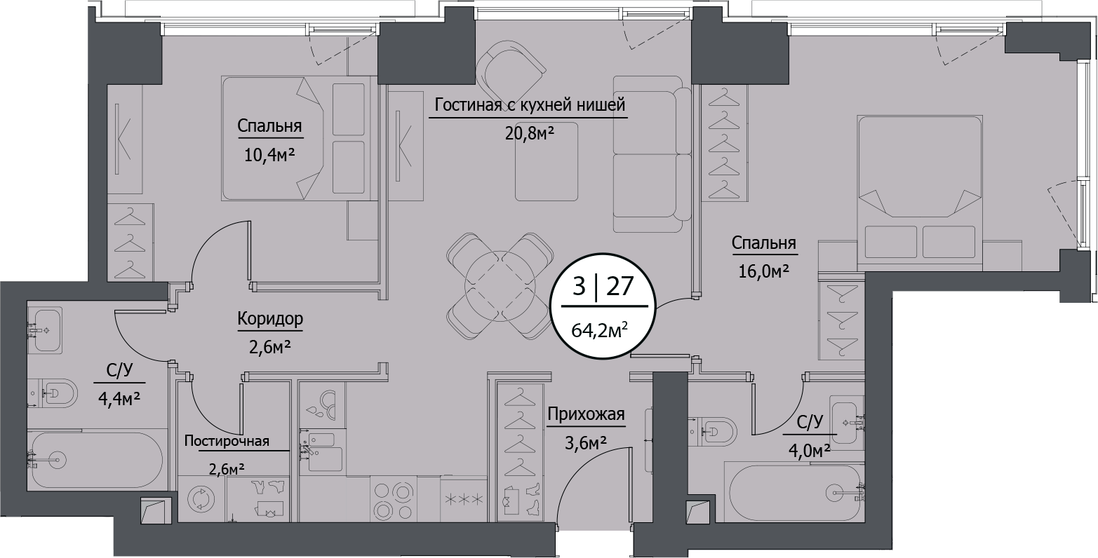 Планировка — hide, 3-комн., 64 м²
