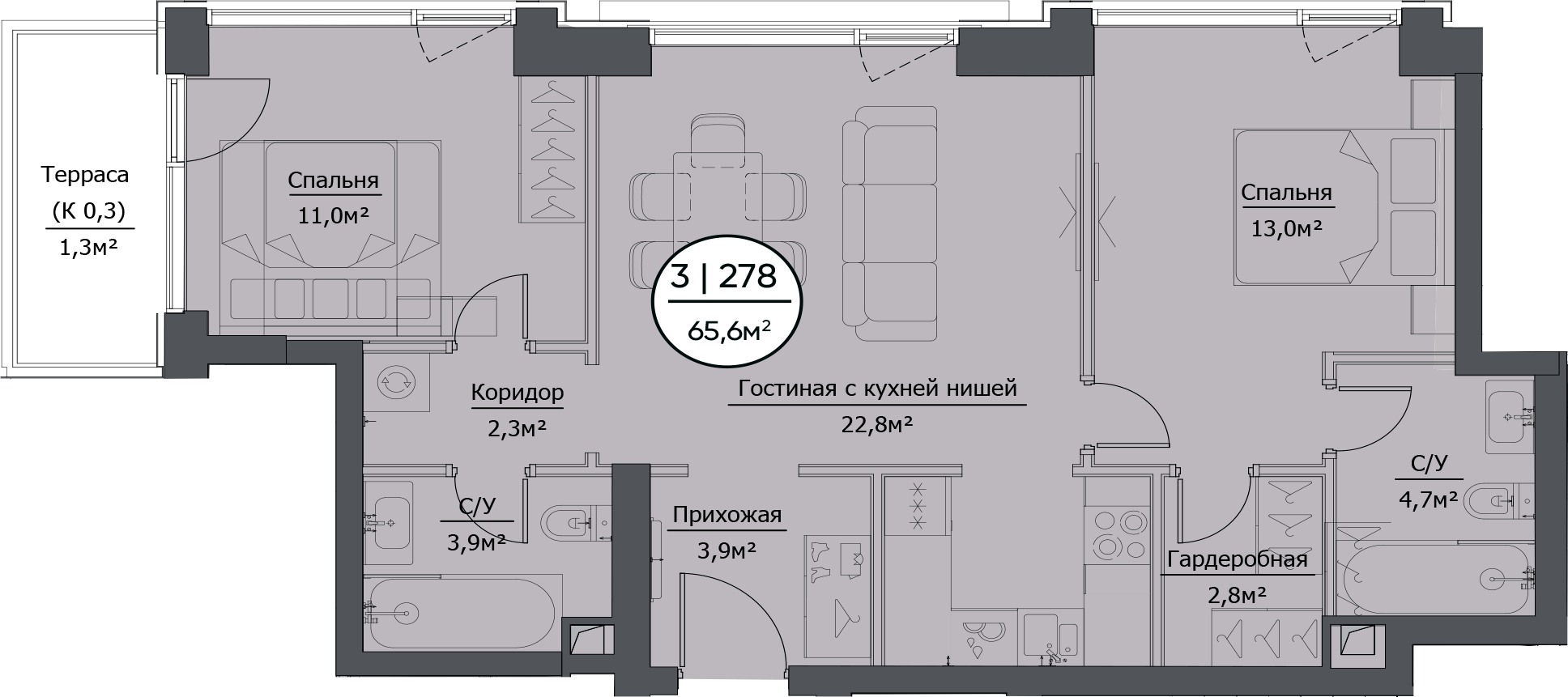 Планировка — hide, 3-комн., 64 м²
