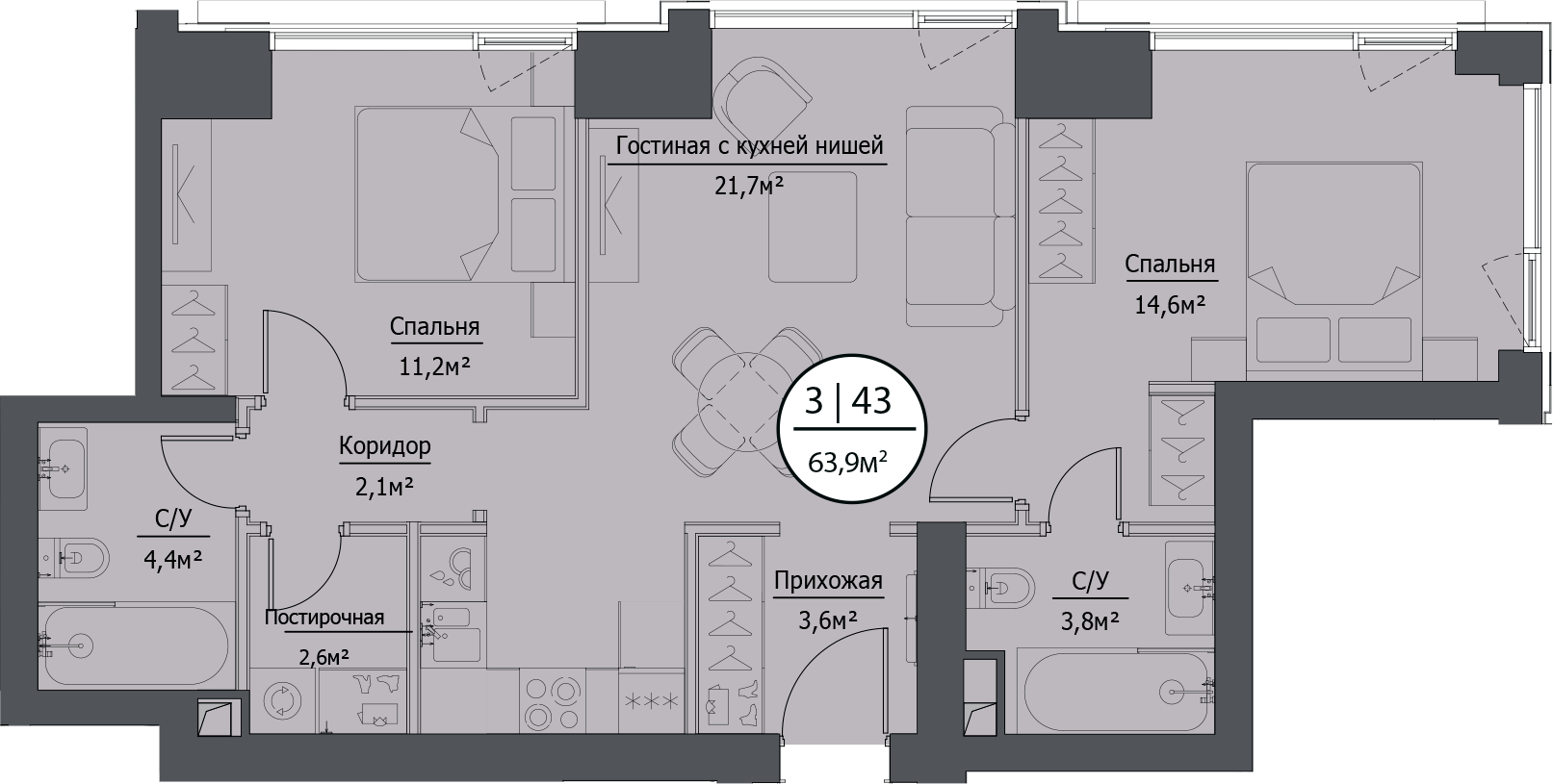 Планировка — hide, 3-комн., 64 м²