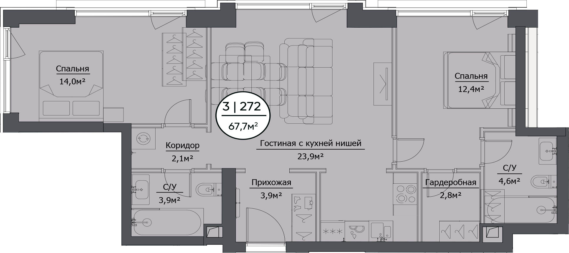 Планировка — hide, 3-комн., 68 м²