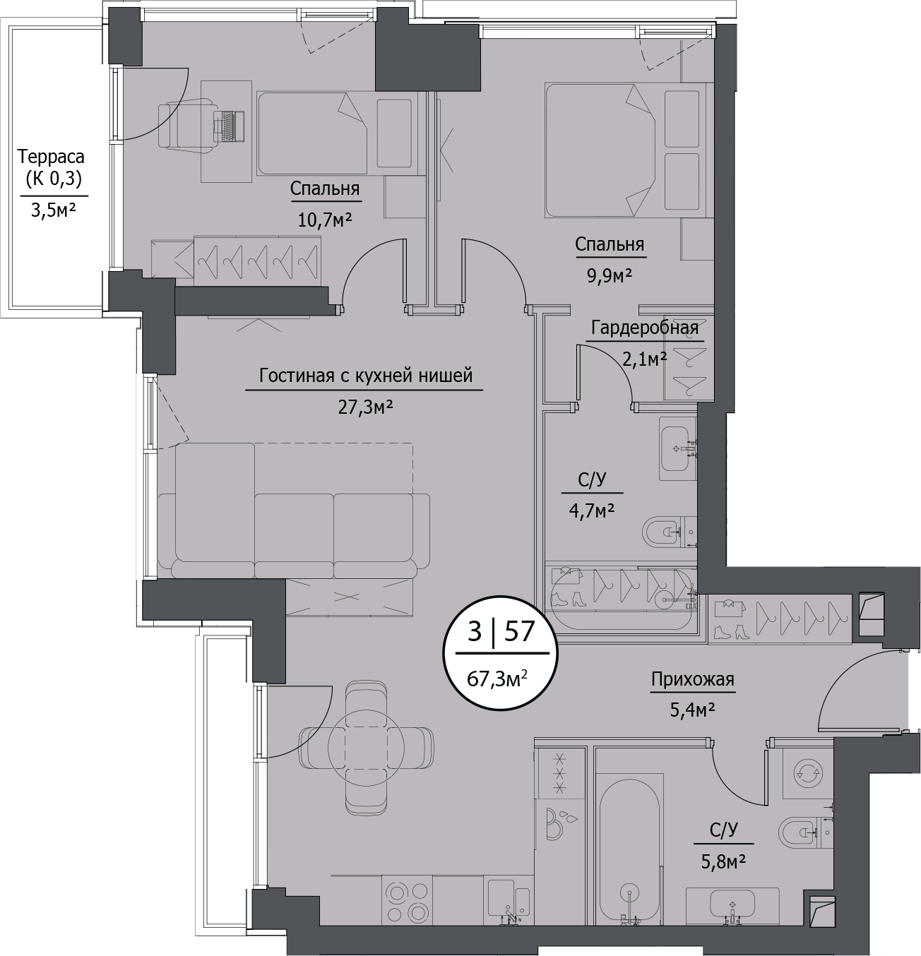 Планировка — hide, 3-комн., 66 м²