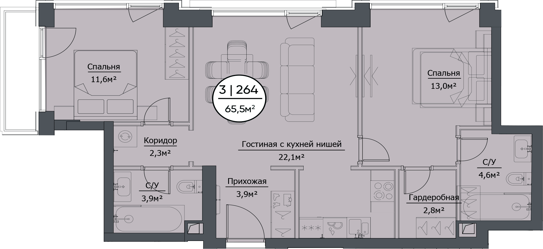 Планировка — hide, 3-комн., 64 м²