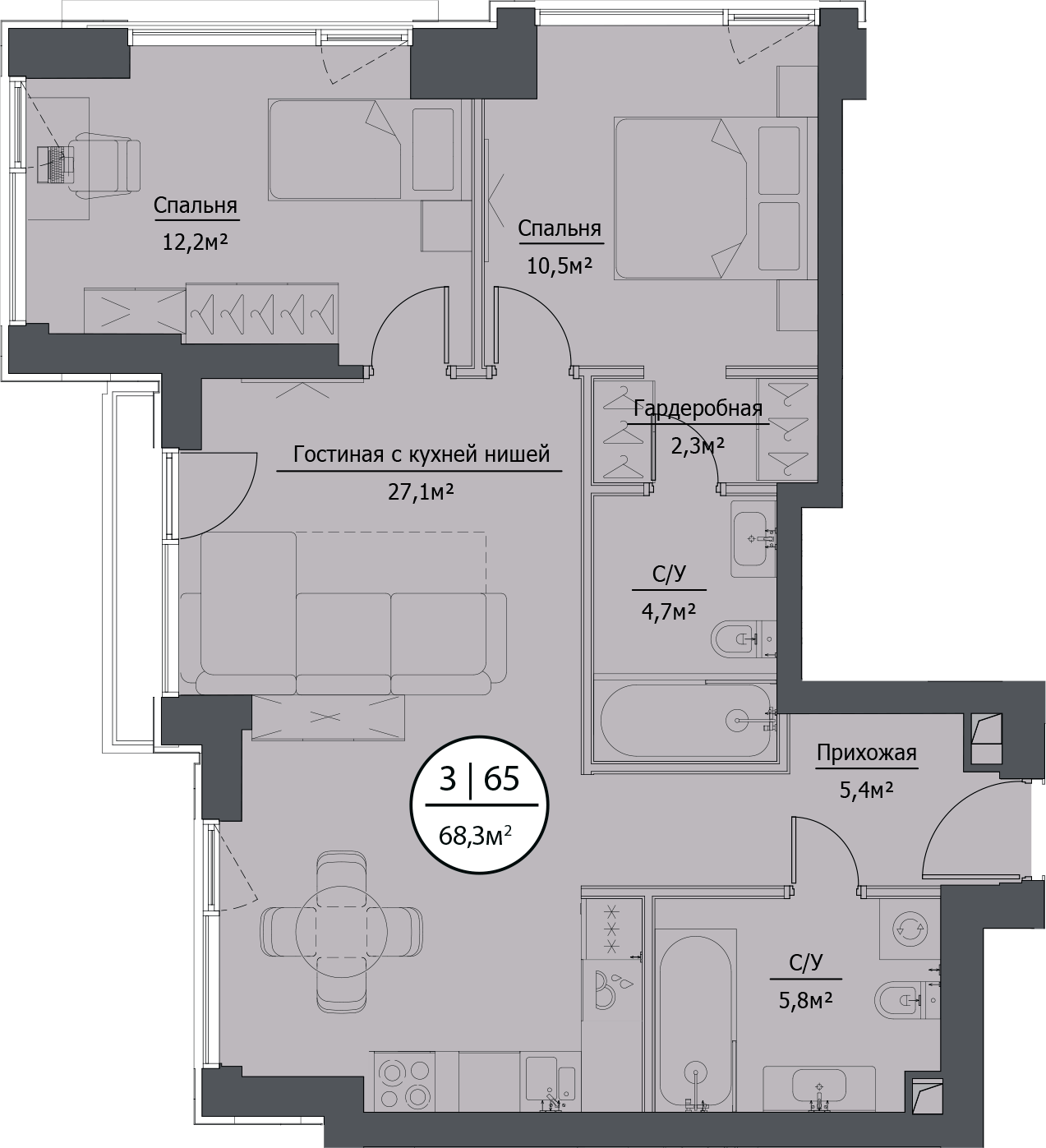 Планировка — hide, 3-комн., 68 м²