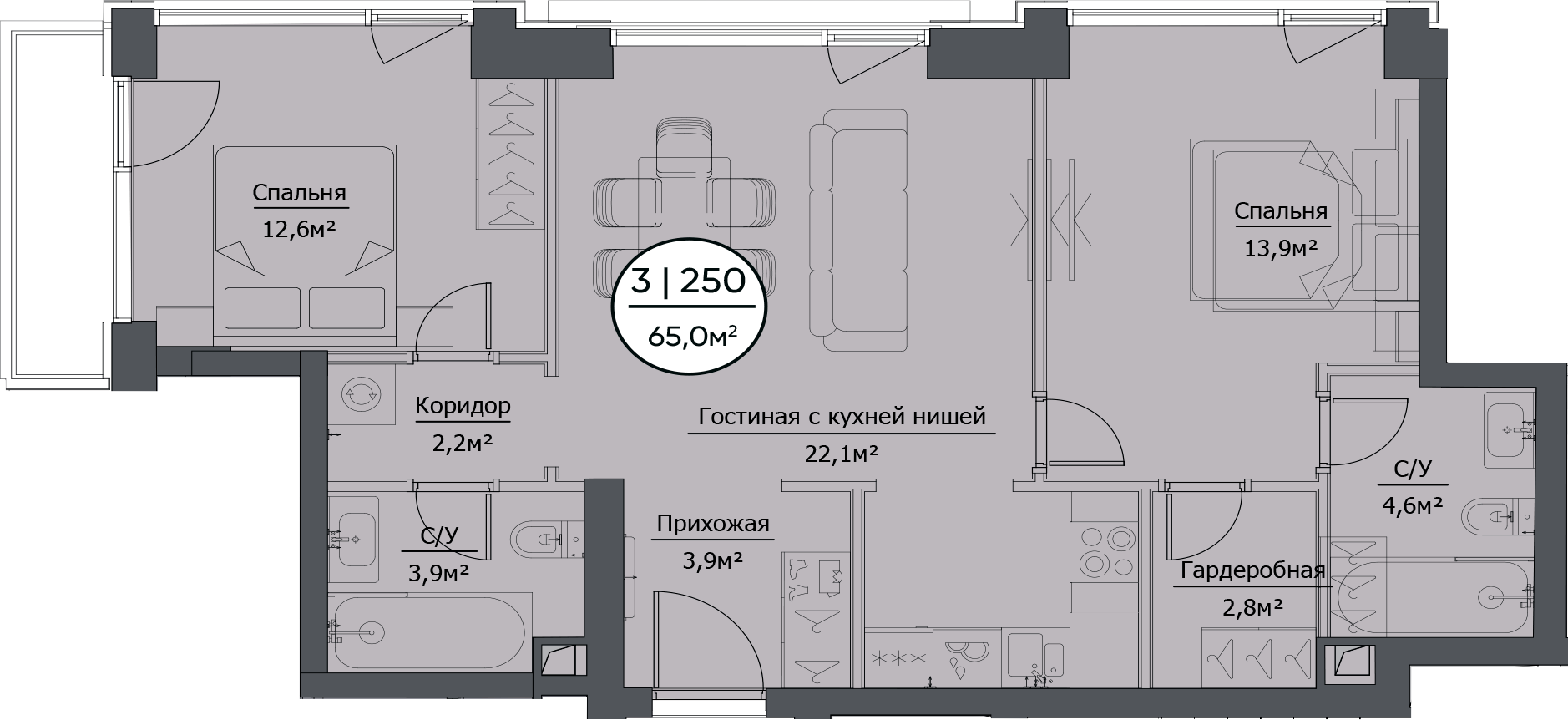 Планировка — hide, 3-комн., 64 м²