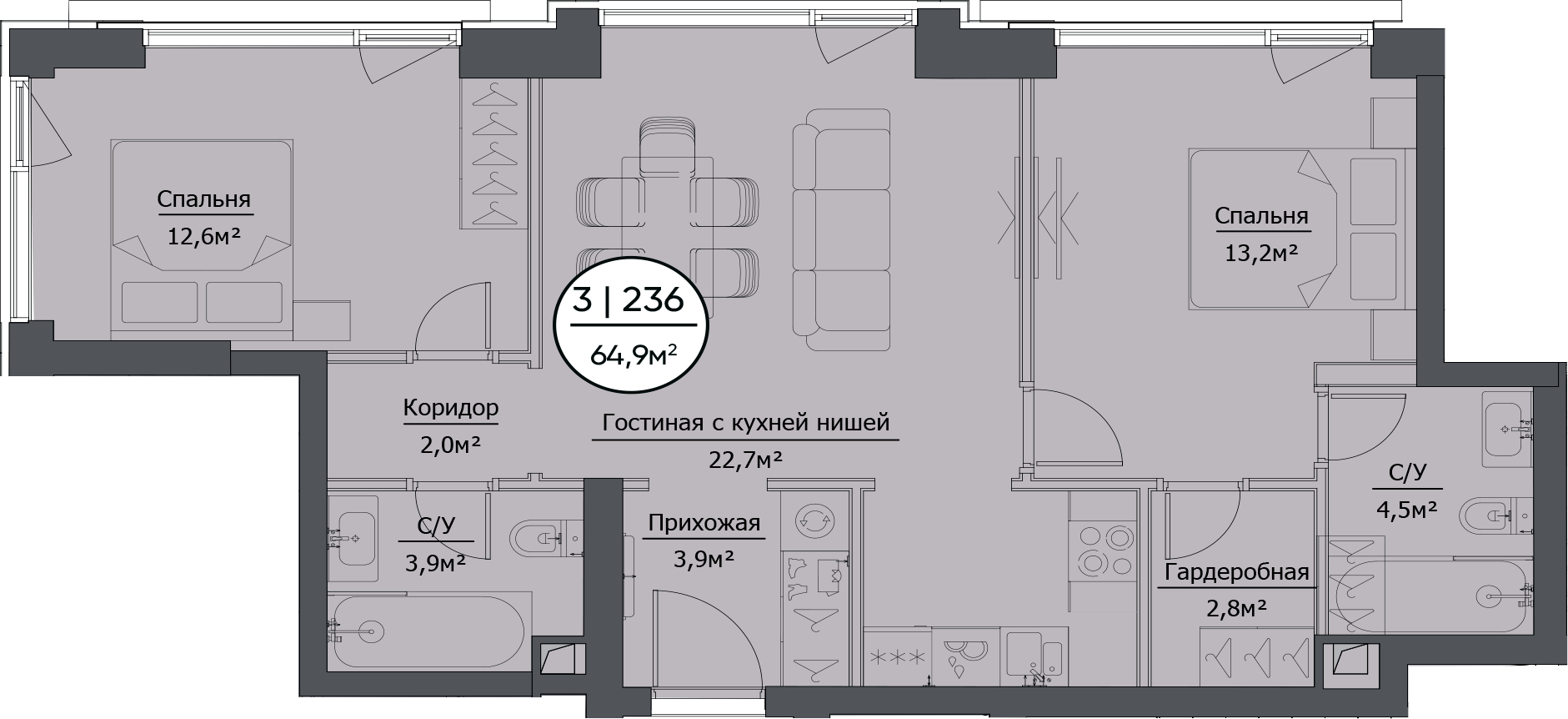 Планировка — hide, 3-комн., 66 м²