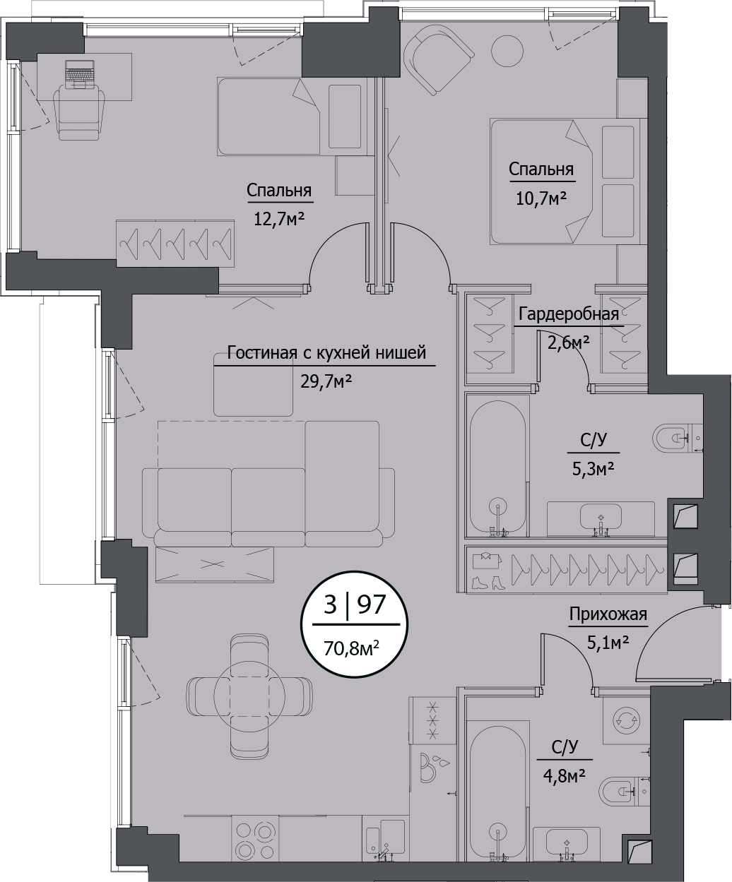 Планировка — hide, 3-комн., 71 м²