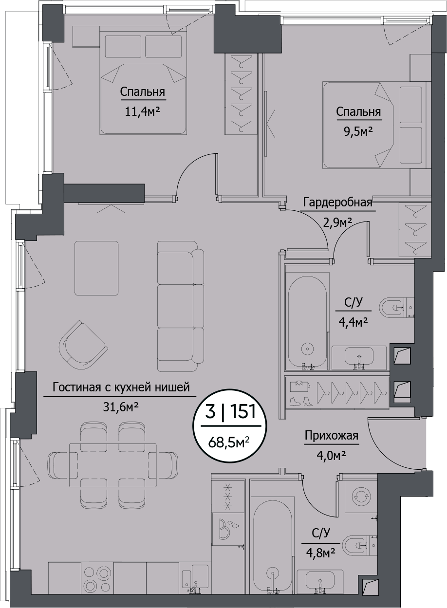 Планировка — hide, 3-комн., 69 м²