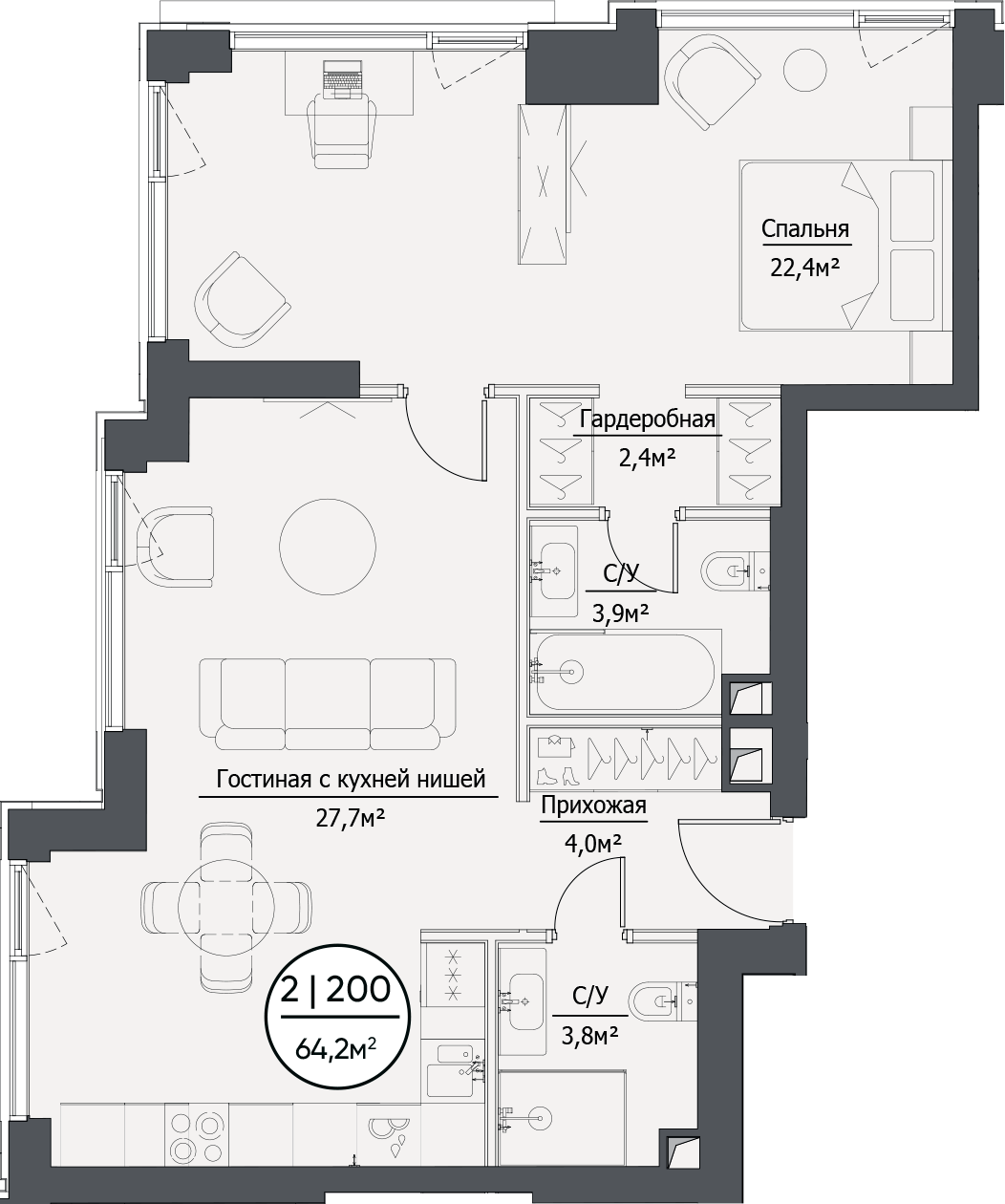Планировка — hide, 2-комн., 64 м²