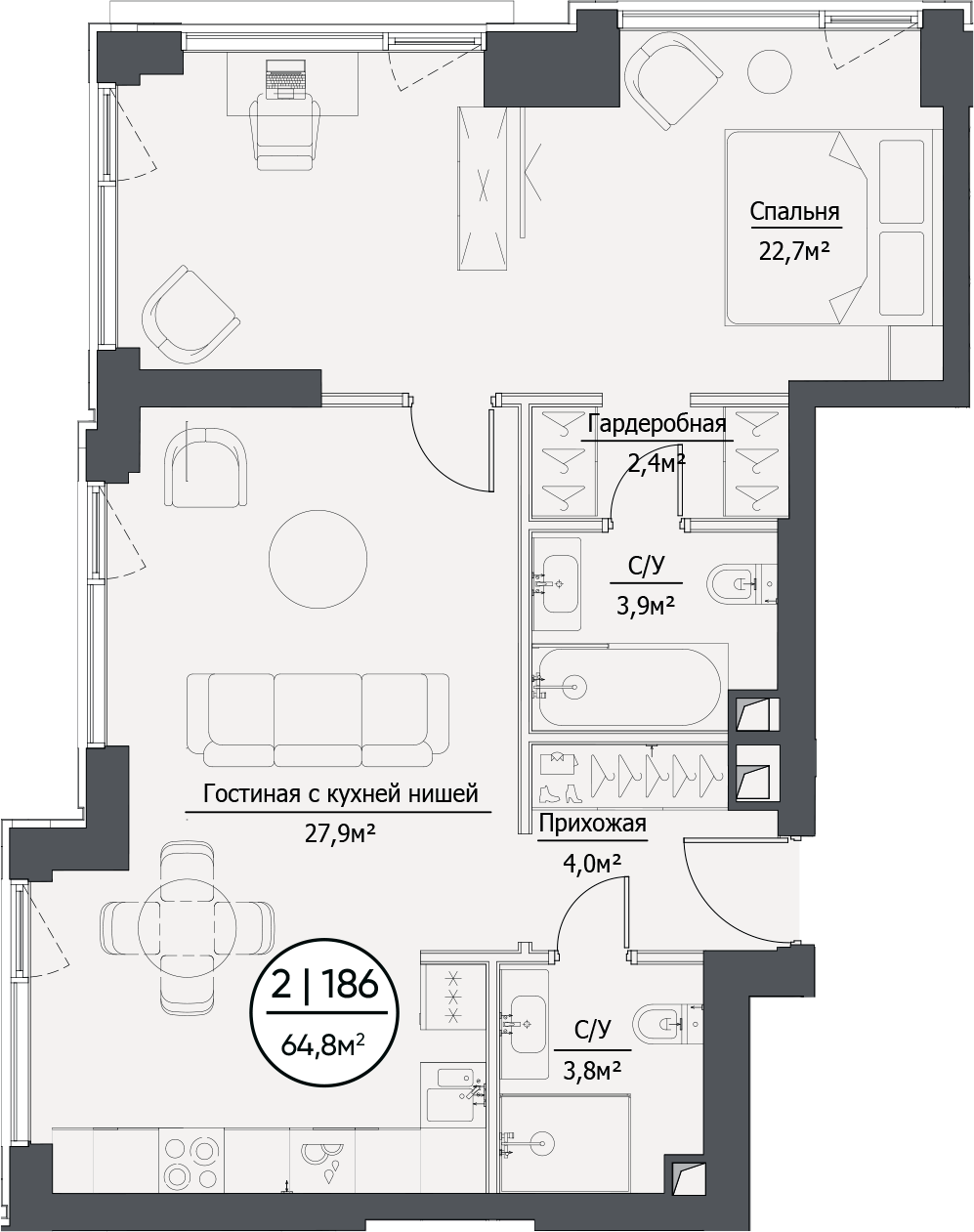 Планировка — hide, 2-комн., 65 м²