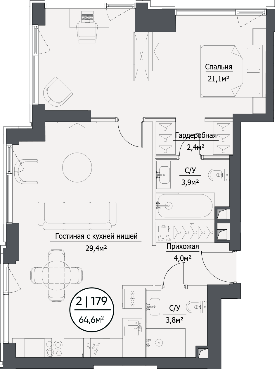 Планировка — hide, 2-комн., 65 м²