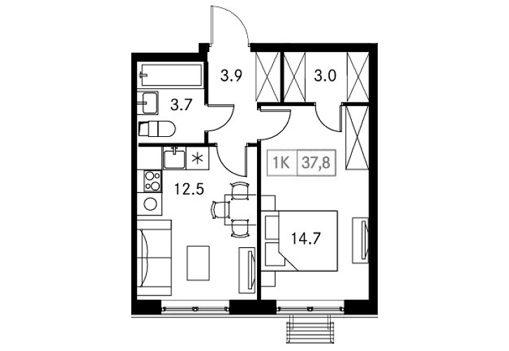 Планировка — Новый Зеленоград, 1-комн., 38 м²