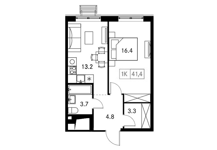 Планировка — Новый Зеленоград, 1-комн., 41 м²