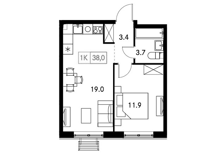 Планировка — Новый Зеленоград, 1-комн., 38 м²