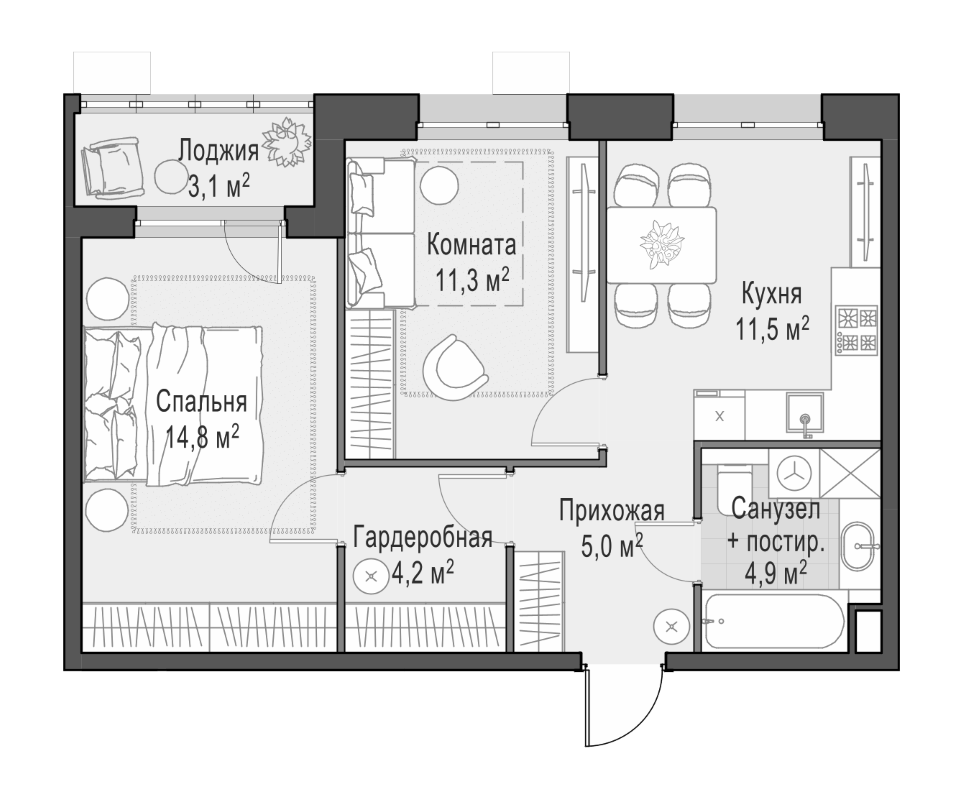 Планировка — Новое Пушкино, 2-комн., 50 м²