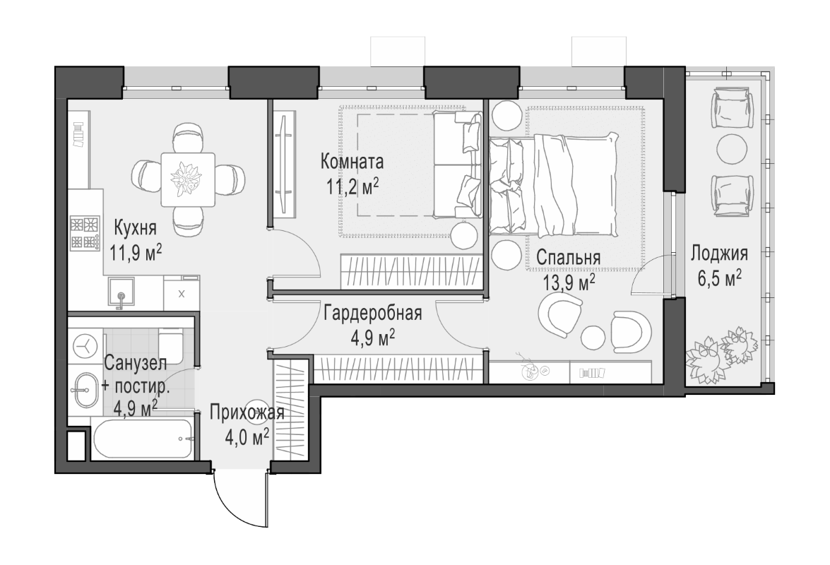 Планировка — Новое Пушкино, 2-комн., 48 м²