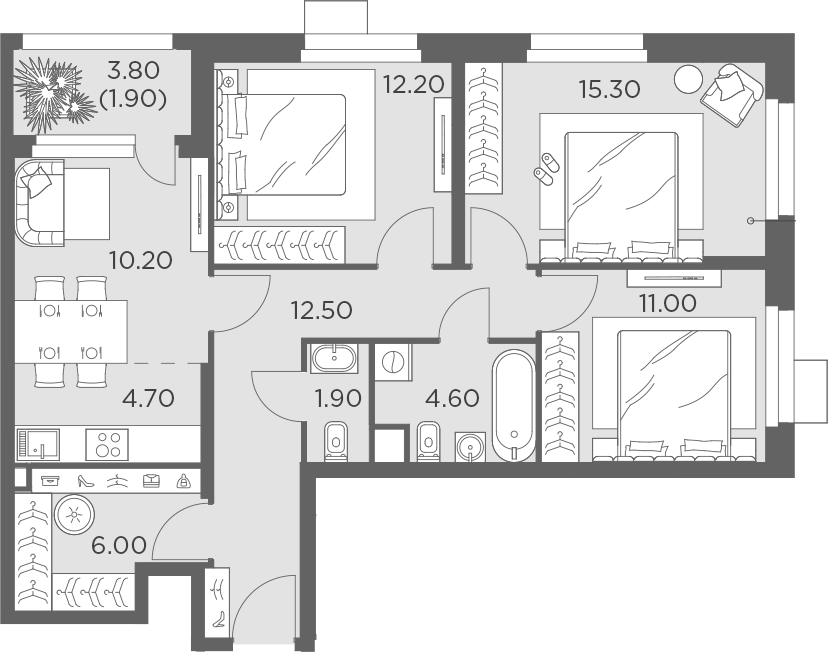 Планировка — Новое Медведково, 4-комн., 77 м²
