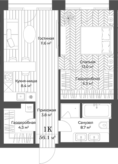 Планировка — Опус, 2-комн., 56 м²