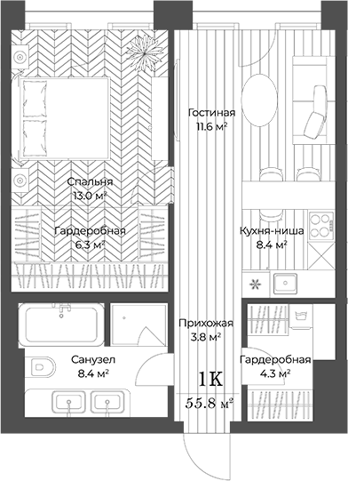 Планировка — Опус, 2-комн., 56 м²