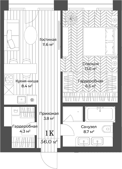 Планировка — Опус, 2-комн., 56 м²