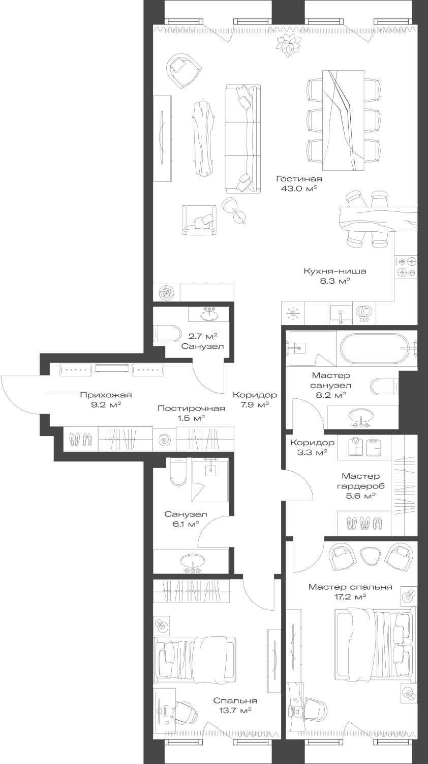 Планировка — Опус, 3-комн., 127 м²
