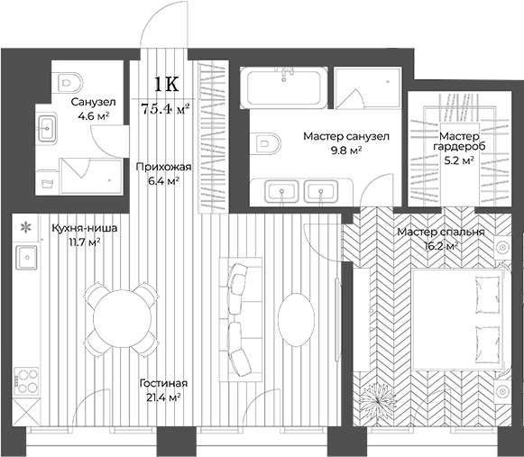 Планировка — Опус, 2-комн., 75 м²