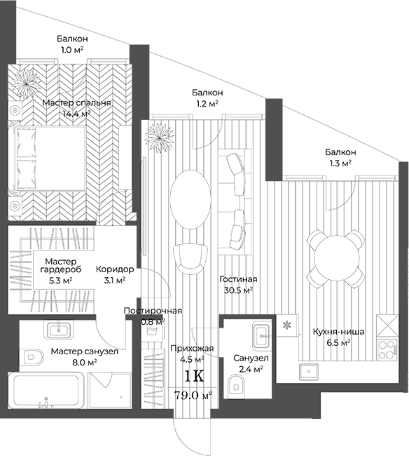 Планировка — Опус, 2-комн., 76 м²
