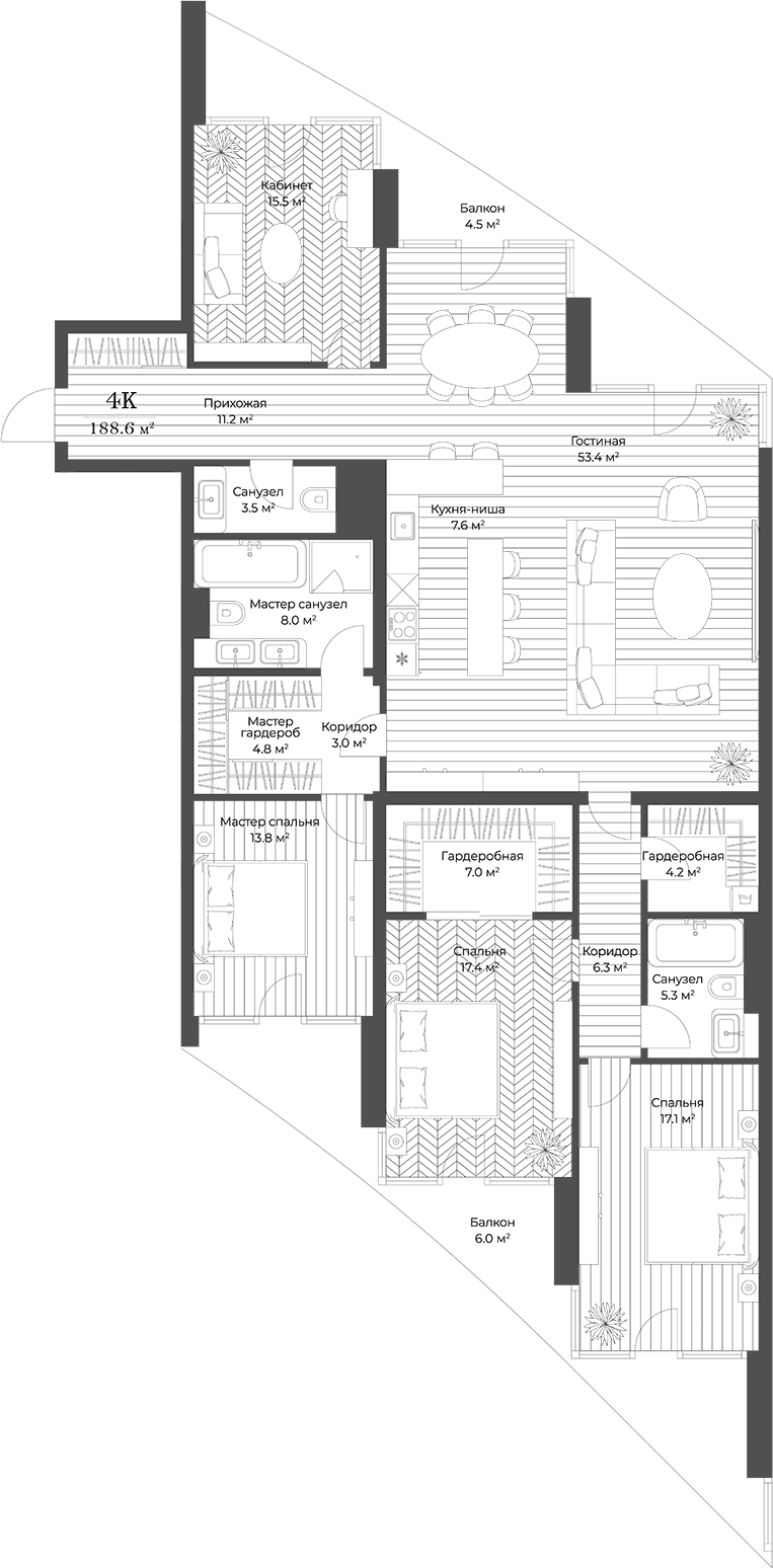 Планировка — Опус, 5-комн., 178 м²