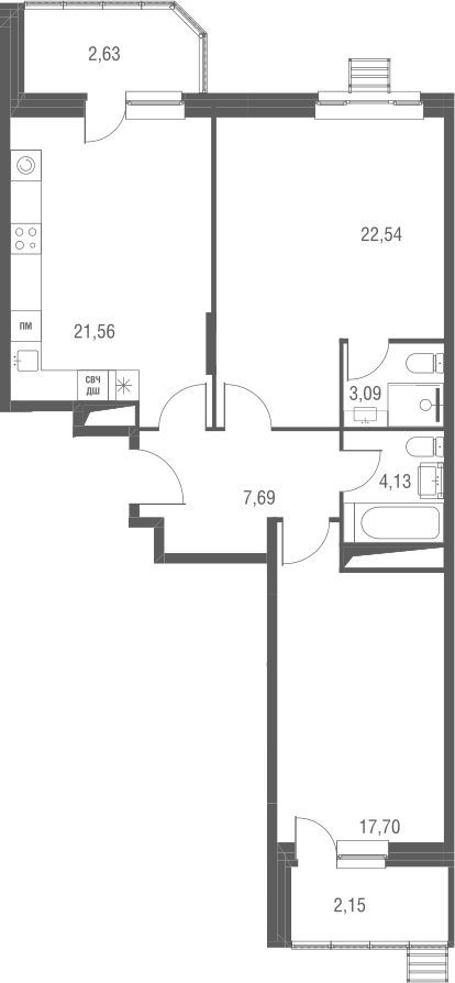 Планировка — Одинбург, 3-комн., 77 м²