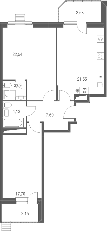 Планировка — Одинбург, 3-комн., 79 м²