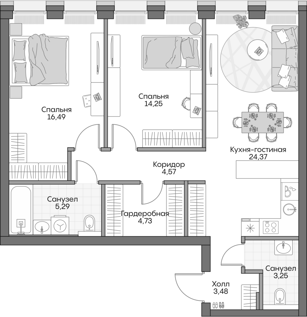 Планировка — Insider, 3-комн., 75 м²
