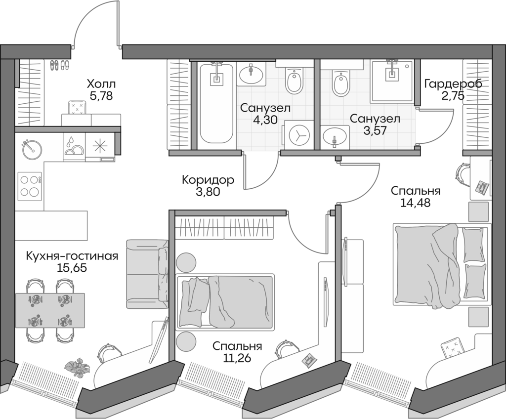 Планировка — Insider, 3-комн., 61 м²