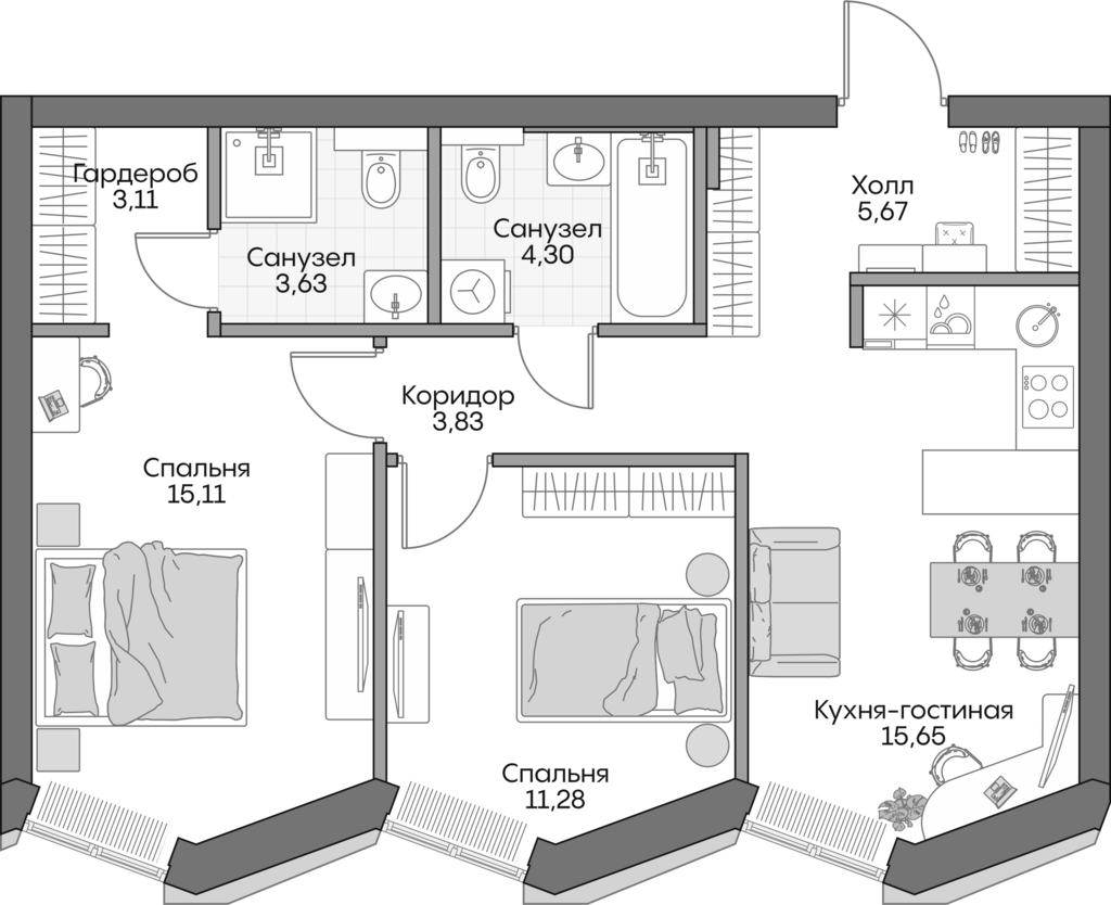 Планировка — Insider, 3-комн., 61 м²
