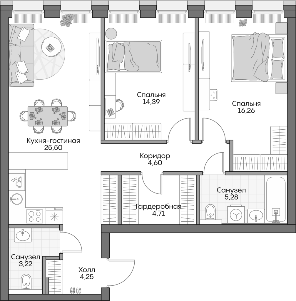 Планировка — Insider, 3-комн., 76 м²