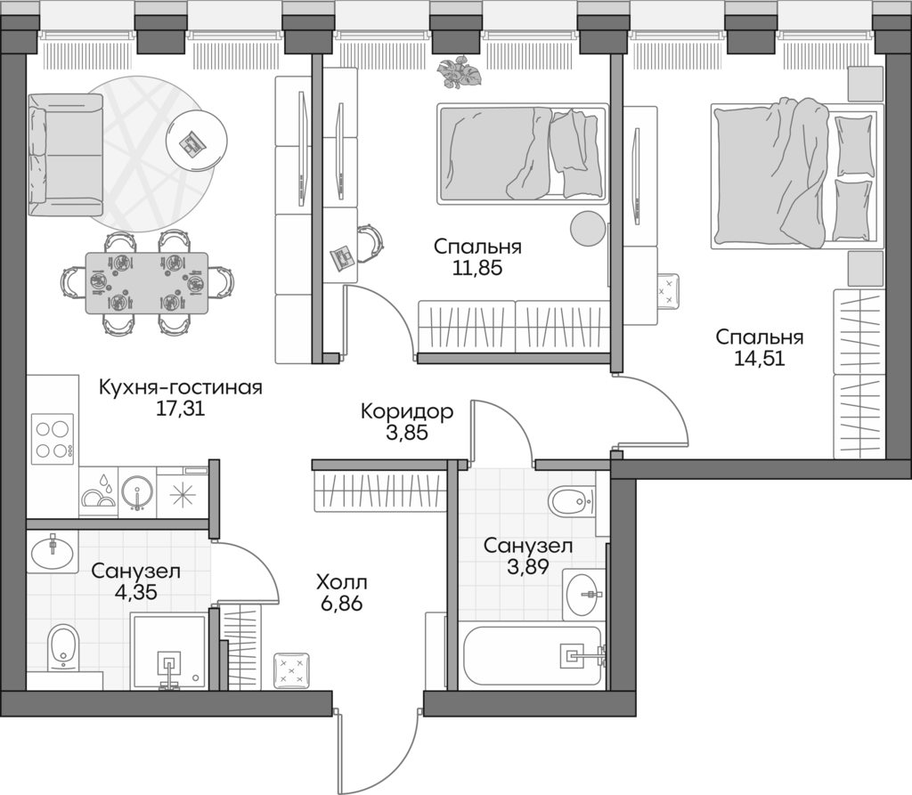 Планировка — Insider, 3-комн., 60 м²